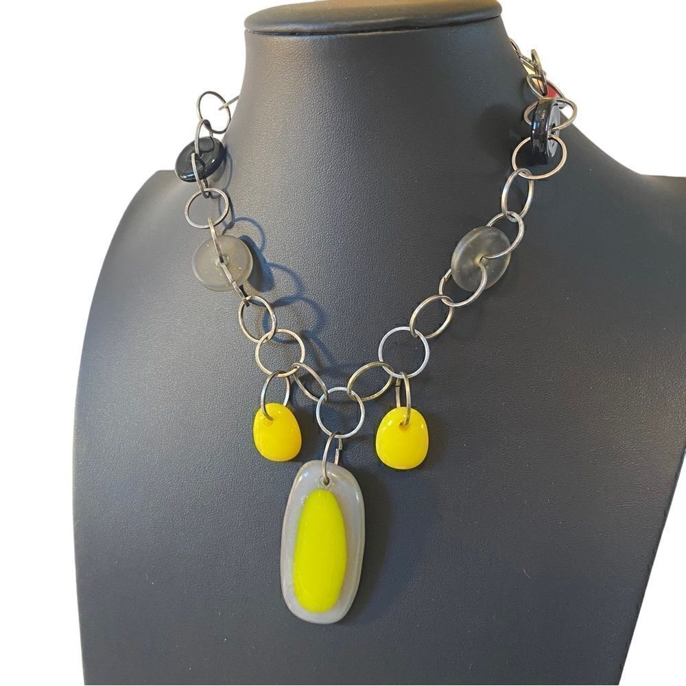 Hand blown Yellow & Gray Glass Beaded Artisan Made Statement Necklace - Picture 3 of 6
